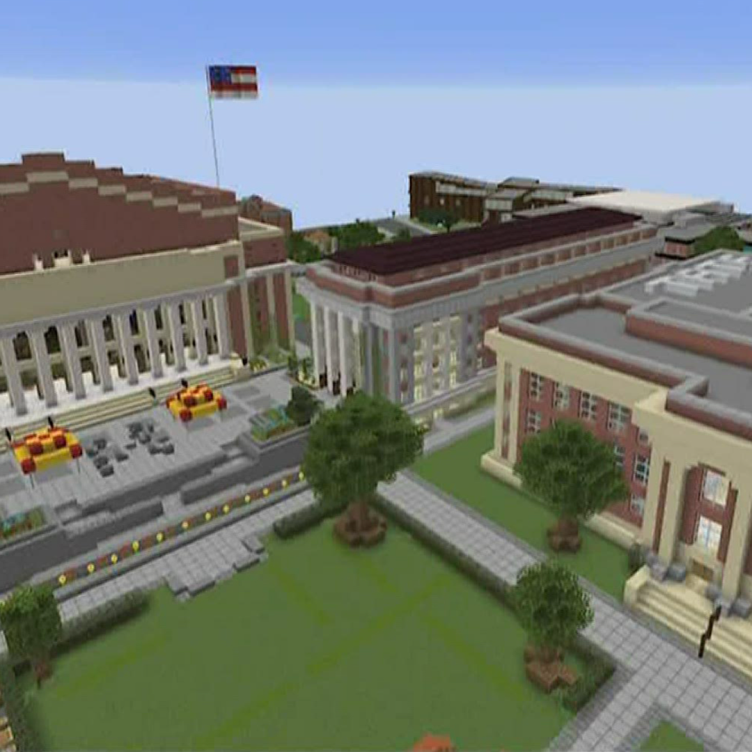 An aerial view of Northrop and the UMN mall created in minecraft