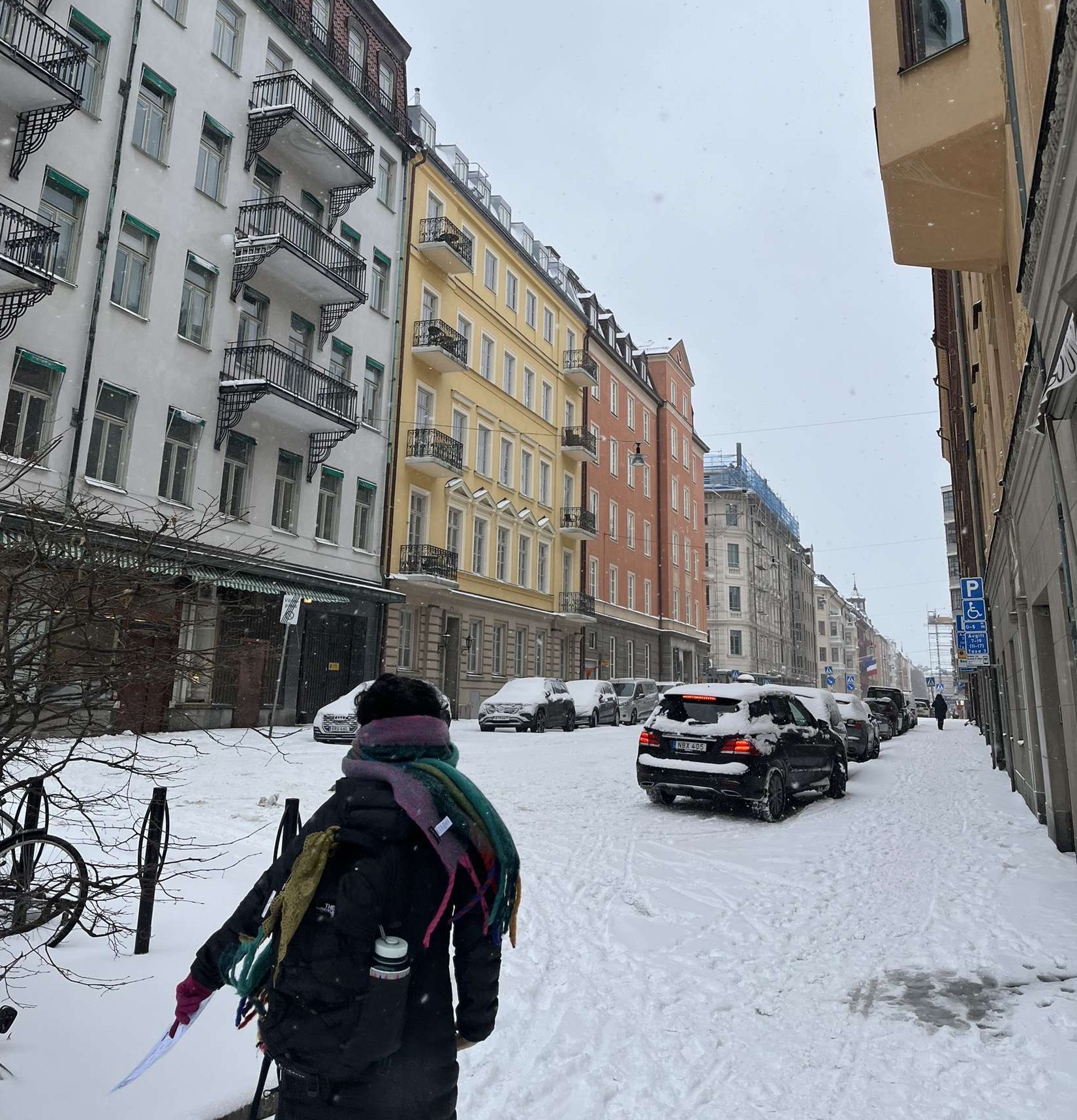 The back of a student carrying a backpack and wearing winter clothes while walking through a snow-covered street surrounded by buildings.