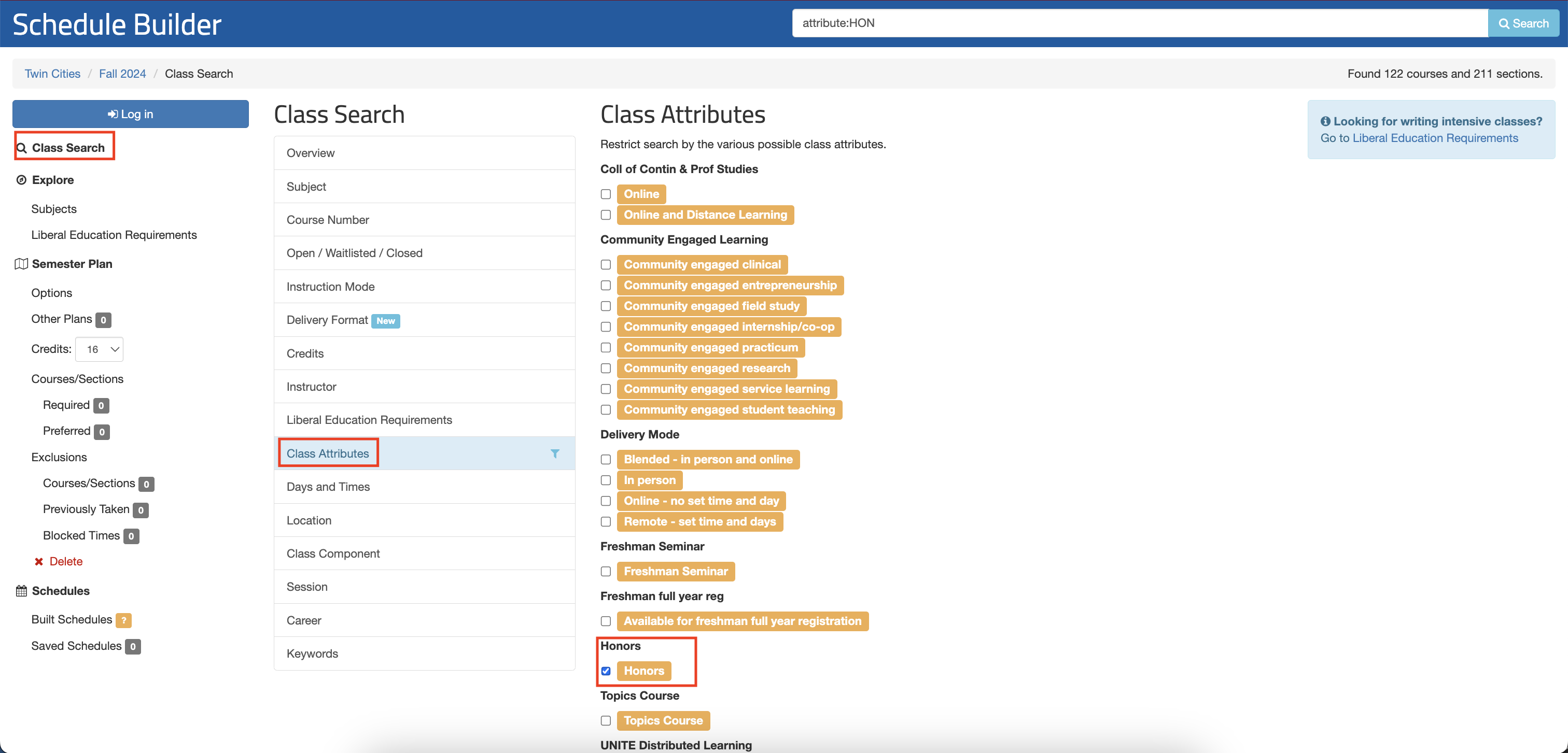 Screenshot of schedule builder search of Honors courses