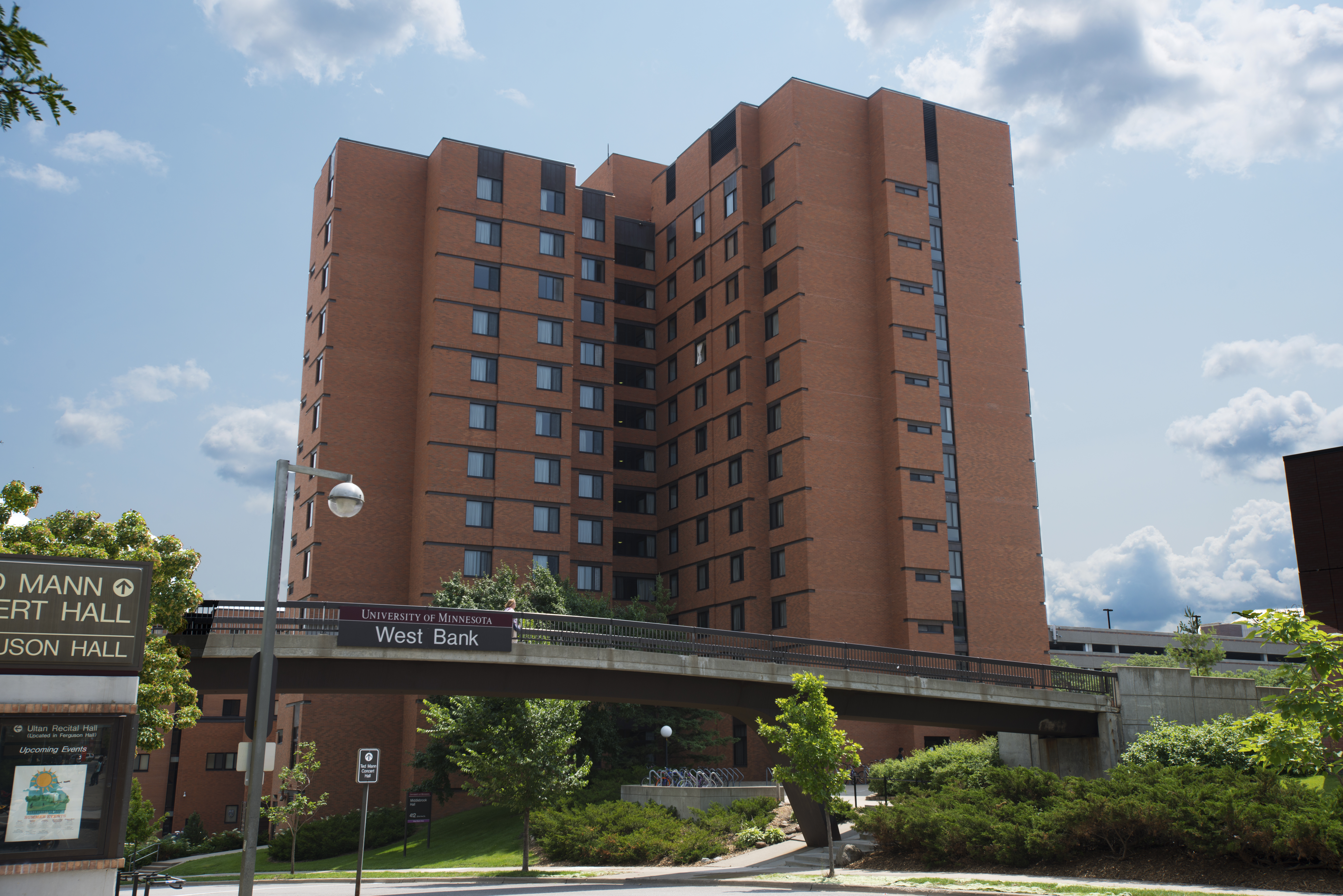 Photo of Middlebrook Hall, a tall brown dorm building on the West Bank.