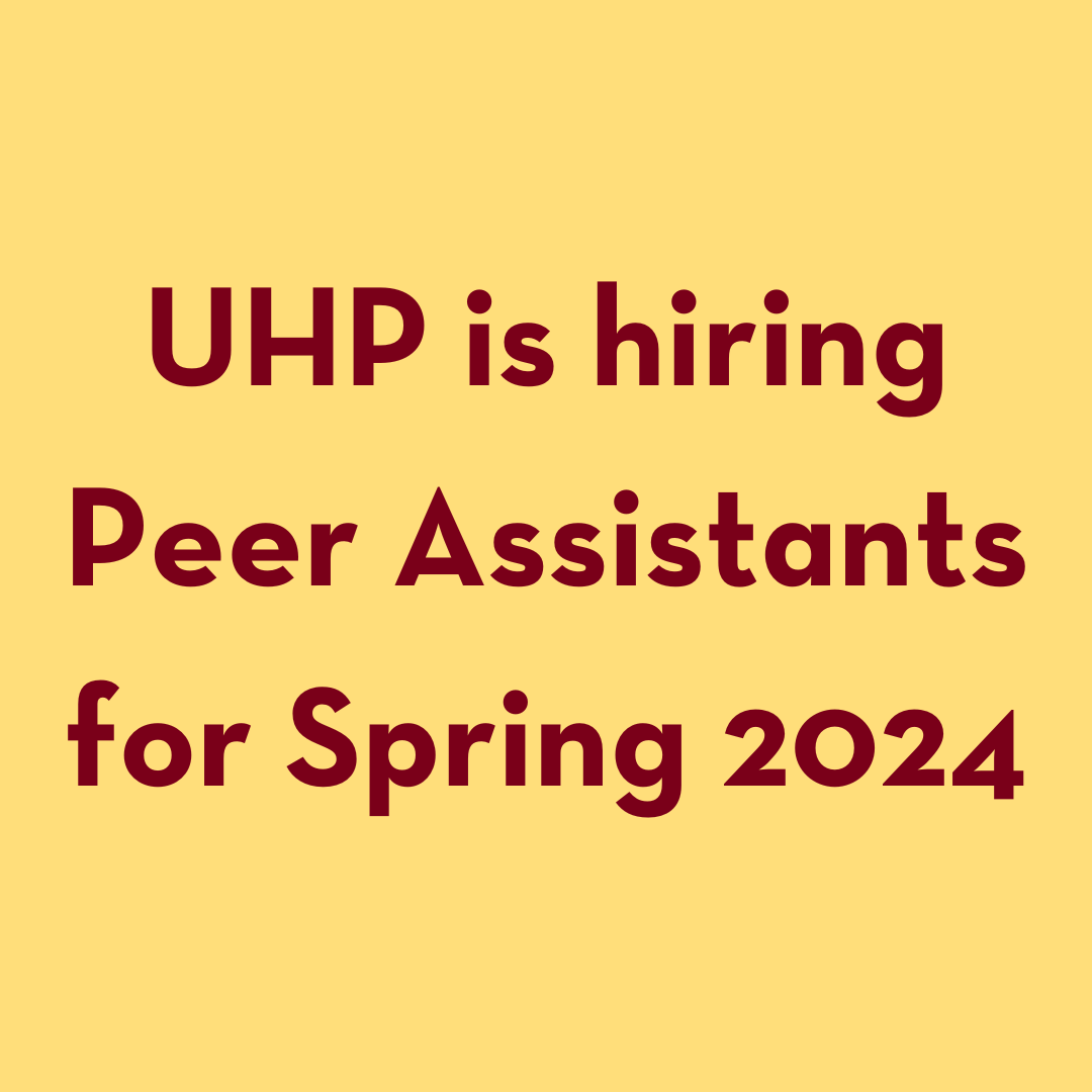 Maroon text on gold background reading "UHP is hiring Peer Assistants for Spring 2024"