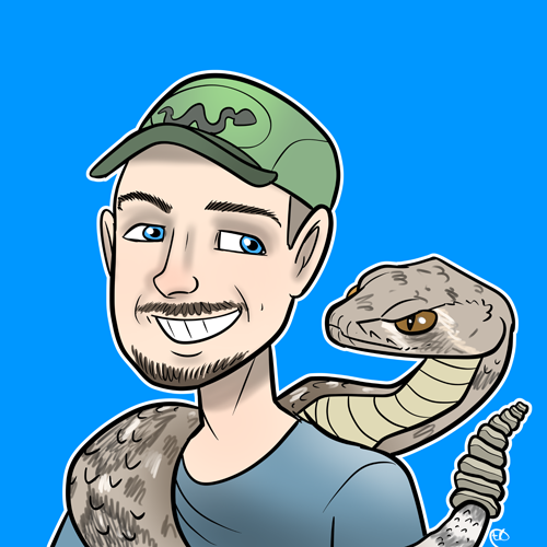 cartoon image of a guy in a hat with a rattlesnake around his shoulders